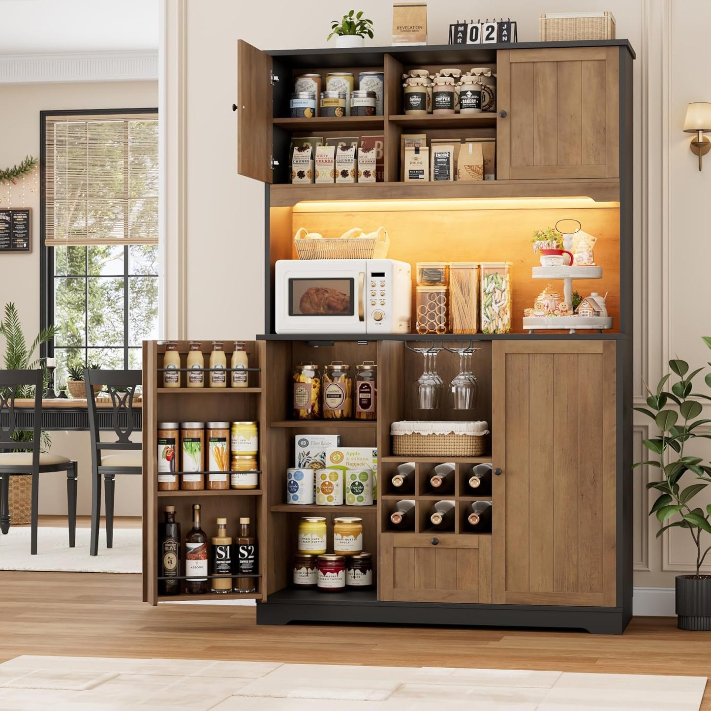 FINETONES 71" Pantry Cabinet with LED Light and Charging Station, Kitchen Pantry Cabinet with Microwave Stand, Kitchen Hutch Food Storage Cabinet with Outlet and Wine Racks, Black/Brown