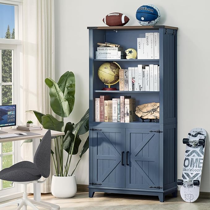 70in Tall Bookshelf 5 Tier Bookcase with Barn Doors and Adjustable Shelves, Blue Farmhouse Book Shelf with Storage Cabinet, Wood Freestanding Display Bookshelves for Bedroom, Living Room