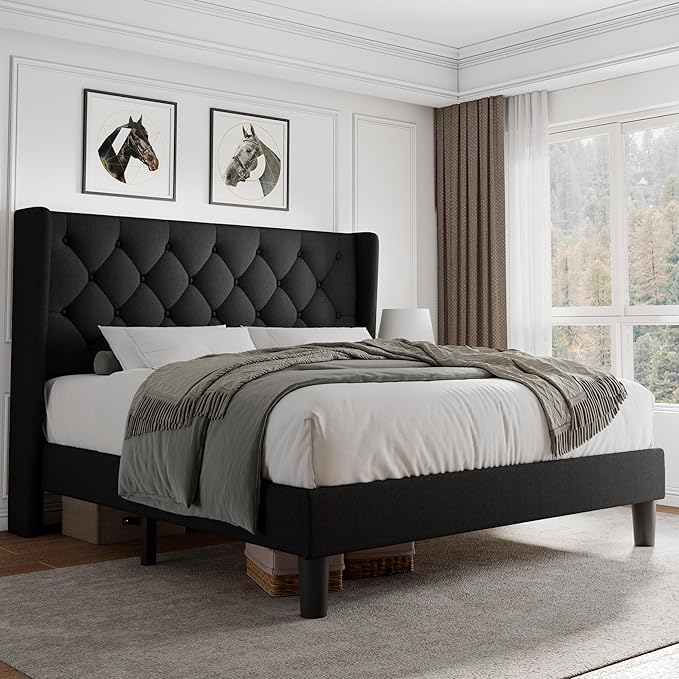 iPormis Full Size Platform Bed Frame with Button Tufted Headboard, Upholstered Bed Frame with Solid Wooden Slats, 8" Underbed Space, No Box Spring Needed, Noise Free, Easy Assembly, Black