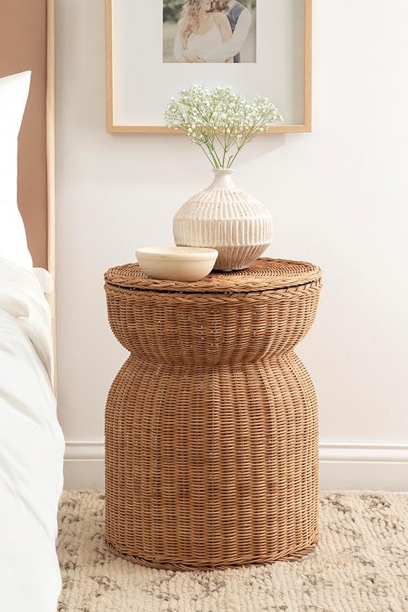 Kate and Laurel Thatch Modern Woven Rattan Round Storage Side Table, 17 x 17 x 21, Natural Rattan, Lift-Top End Table for Use as Hidden Storage Basket, Nursery Toy Storage, or Small Laundry Hamper