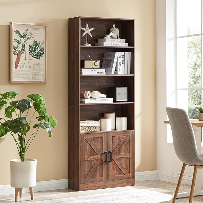 70in Tall Bookshelf 6 Tier Bookcase with Barn Doors and Adjustable Shelf, Brown Farmhouse Book Shelves with Storage Cabinet,Wood Floor Standing Display Bookshelve for Bedroom,Living Room,Kitchen