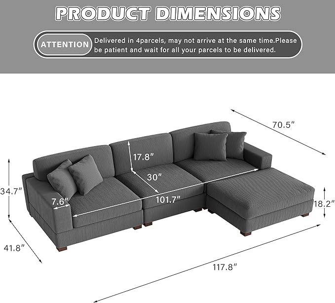 Modular Sectional Couches for Living Room, 118" Modern Upholstered Sofa Couche with Ottoman for Living Room Bedroom, Grey