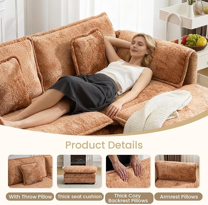 112" U Shaped Modular Sectional Sofa, 3 Seater Comfy Cloud Couch with Movable Ottoman, Deep Seat Couches for Living Room, Bedroom,Apartment (Orange)