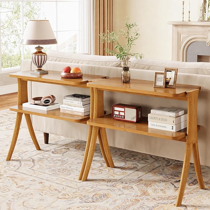 Tribesigns Narrow Side Table for Living Room, Farmhouse End Table with 2-Tier Storage Shelf and Solid Wood Legs, Slim Tall Bedside Table Nightstand for Bedroom, Small Spaces, Entryway, Brown(1)