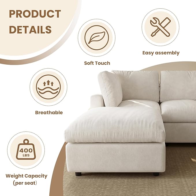 WJShome Sectional Couches for Living Room, 67 Inch Loveseat Sofa with Chenille Upholstery & Double Layer Cushions, Modern Apartment Size Modular Couch for Bedroom，Beige
