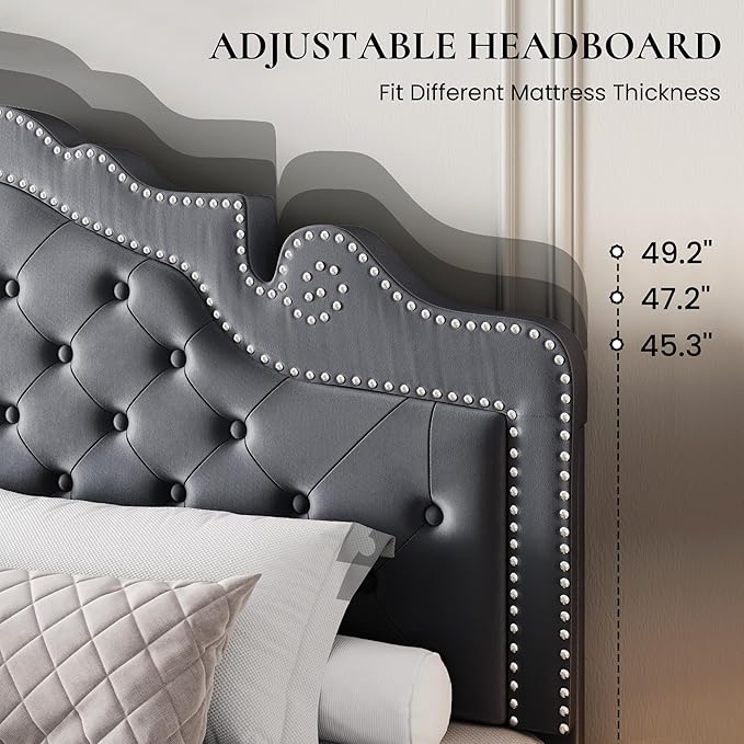 SHA CERLIN King Size Platfrom Bed Frame with Adjustable Headboard/Velvet Upholstered Diamond Button Tufted and Metal Studs/No Box Spring Needed/Easy Assembly/Woodenen Slat Support/Light Grey
