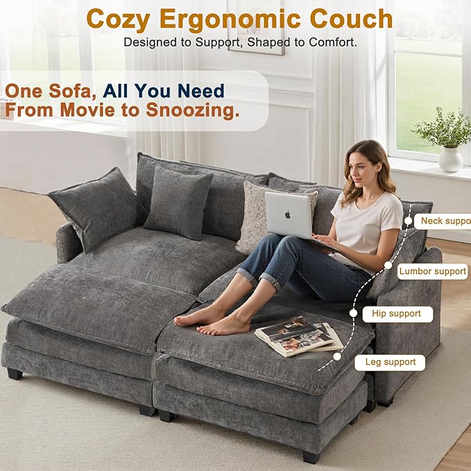 Expandable L-Shaped Sectional Sofa with Ottoman for Apartments, 77" Cloud Chenille Sofa, Create a U-Shape Layout with Optional 2nd Ottoman, Solid Wood Frame, Easy Assembly