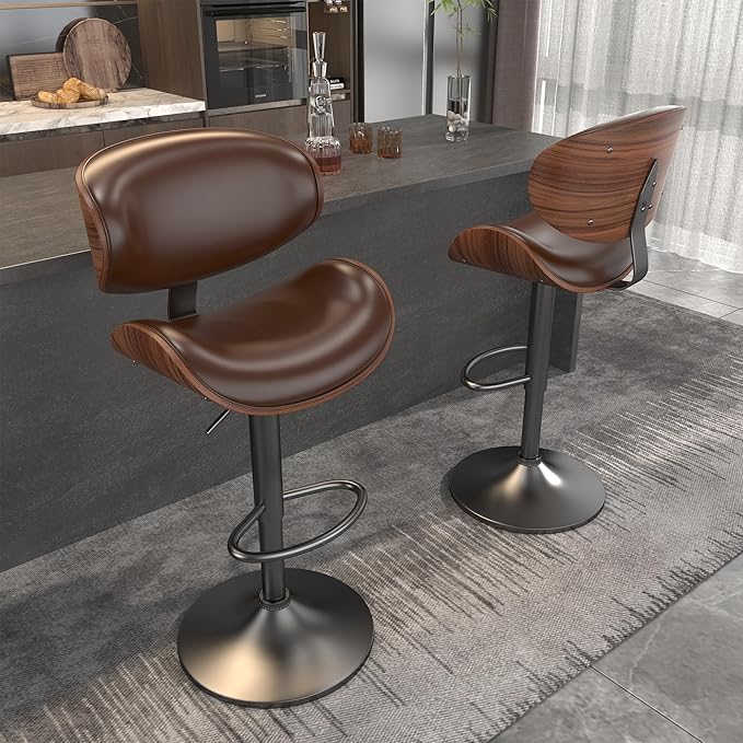 Bar Stools Set of 2, Bar Stools for Kitchen Island with Bentwood Back and Leather Seat, Swivel Barstools for Kitchen Counter, Bar, Brown