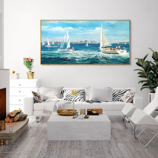 XLSJERST Large Blue Canvas Wall Art Seascape Painting - Landscape Picture Textured Navy Modern Sailboat Ocean Artwork Framed for Living Room Bedroom Bathroom Home Office Wall Decor Large Size 24"x48"