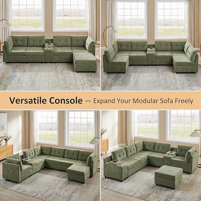 VANOMi 4 Seat Cloud Couches for Living Room with 2 Ottomans, 118" Modular Sectional Sofas & Couches, Comfy Chenille Cloud Sectional Couch Sofa for Apartment, Office, Olive Green, U Shaped