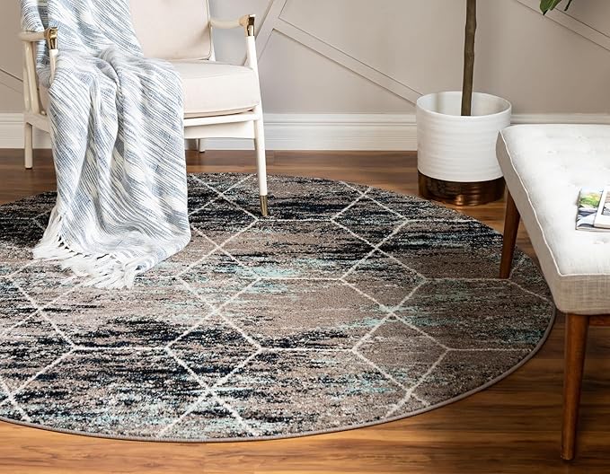 Unique Loom Trellis Frieze Collection Area Rug - Geometric (4' Round, Blue Multi/ Ivory)