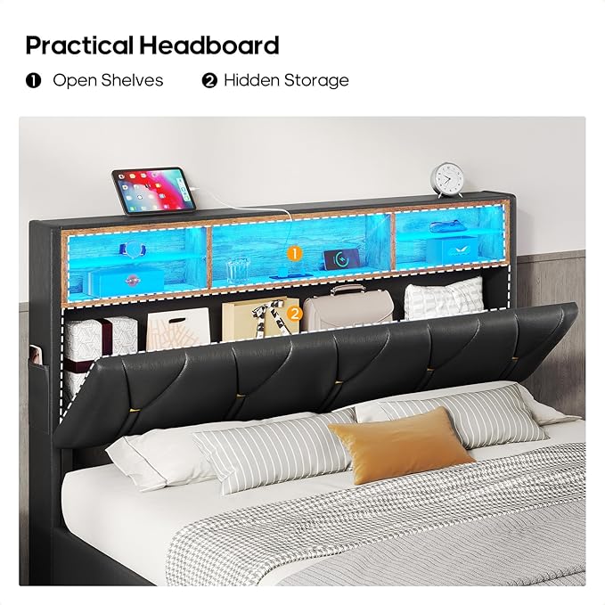 LED Full Bed Frame with Type-C & USB Charging Station, Full Size Bed Frame with Storage Headboard, Modern Pu Leather Platform Bed with Shelf Headboard, Easy Assembly, Noise-Free, Black