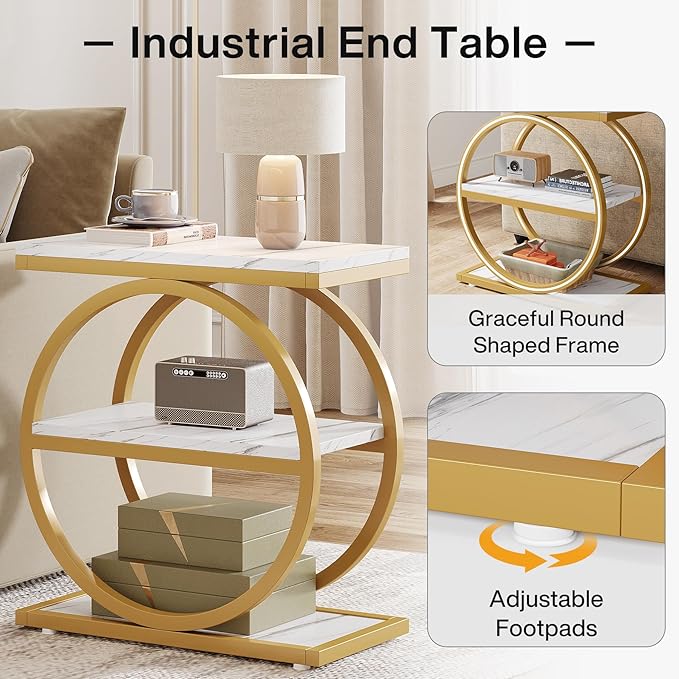 Tribesigns End Table with Storage Shelves, 3-Tier Wooden Industrial Sofa Side Table with Black Metal Frames for Living Room, Slim Nightstand and Bedside Table for Bedroom, White & Gold