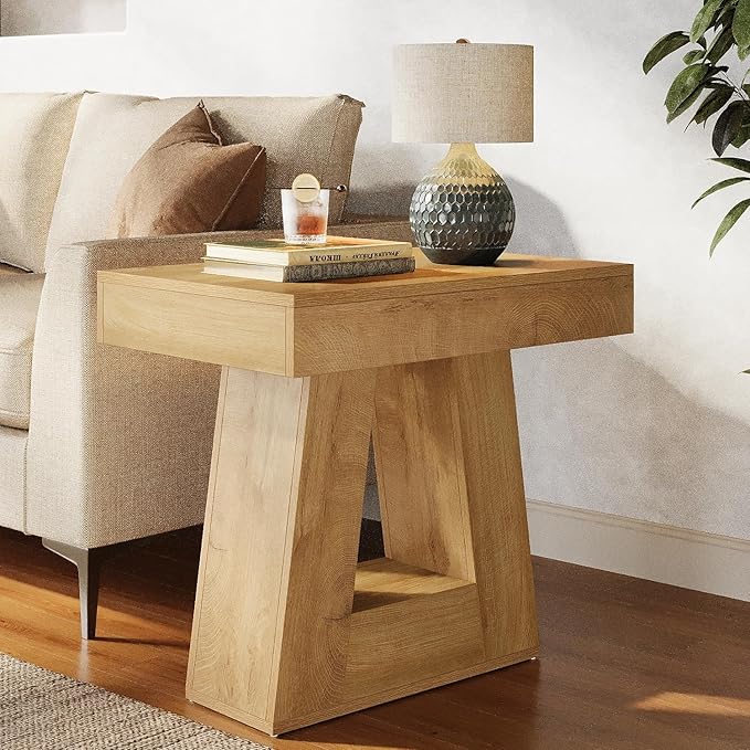 Tribesigns 24" Modern Side Table, 2-Tier Narrow Wooden End Table with Trapezoid Base, Farmhouse Small Nightstand for Living Room, Bedroom, Natural Wood Color