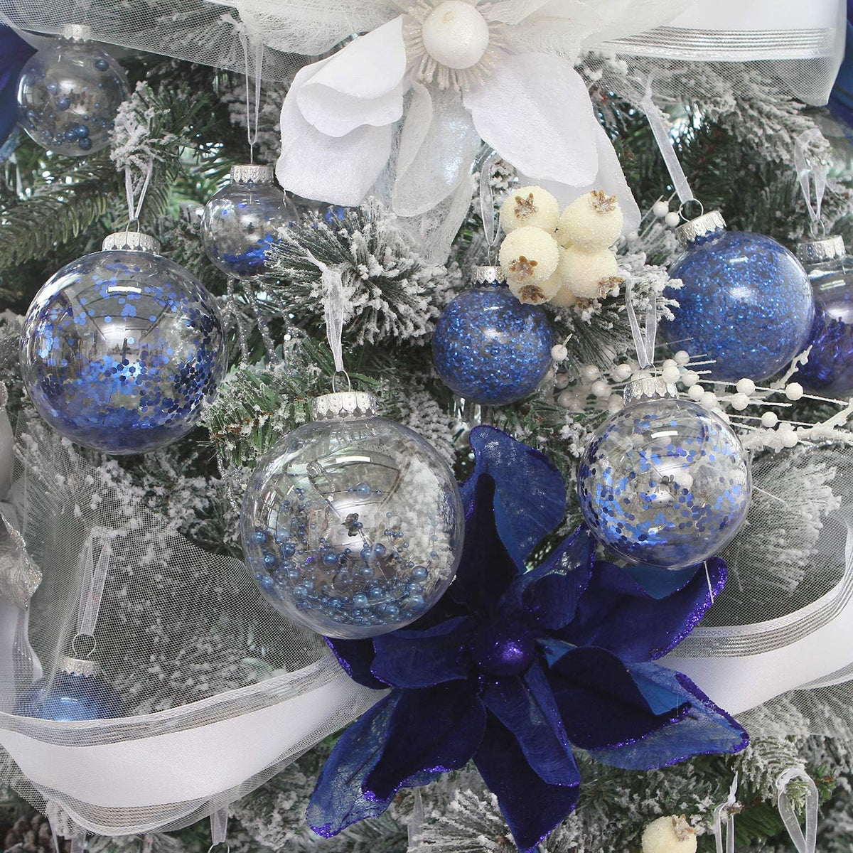 Sea Team 70mm/2.76" Shatterproof Clear Plastic Christmas Tree Ball Ornaments Set, Decorative Hanging Transparent Xmas Baubles with Stuffed Delicate Decorations (24 Counts, Royal Blue)