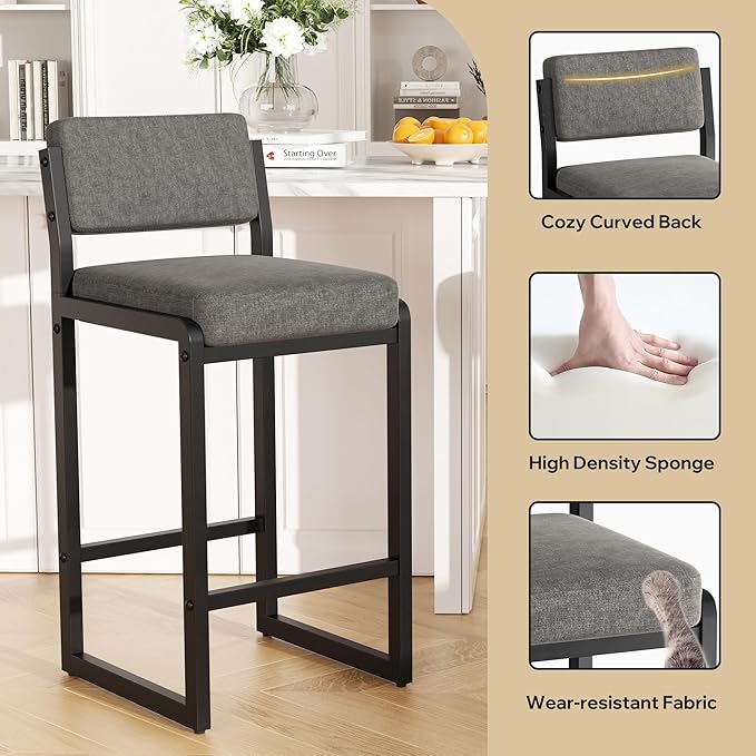 Bar Stools, Fabric Counter Height Bar Stools with High Back and Metal Legs, Upholstered Bar Chairs, 26" Modern Barstools for Kitchen Island, Grey