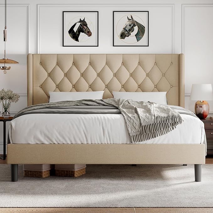 iPormis King Size Platform Bed Frame with Button Tufted Headboard, Upholstered Bed Frame with Solid Wooden Slats, 8" Underbed Space, No Box Spring Needed, Noise Free, Easy Assembly, Beige