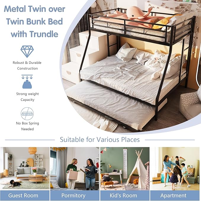SUNLEI Metal Bunk Beds with Double Secured Ladders, Twin Over Full Bunk Bed with Surrounded Safety Guardrails, Space Saver Twin Beds, Noise Free for Small Bedroom, with Trundle, Black