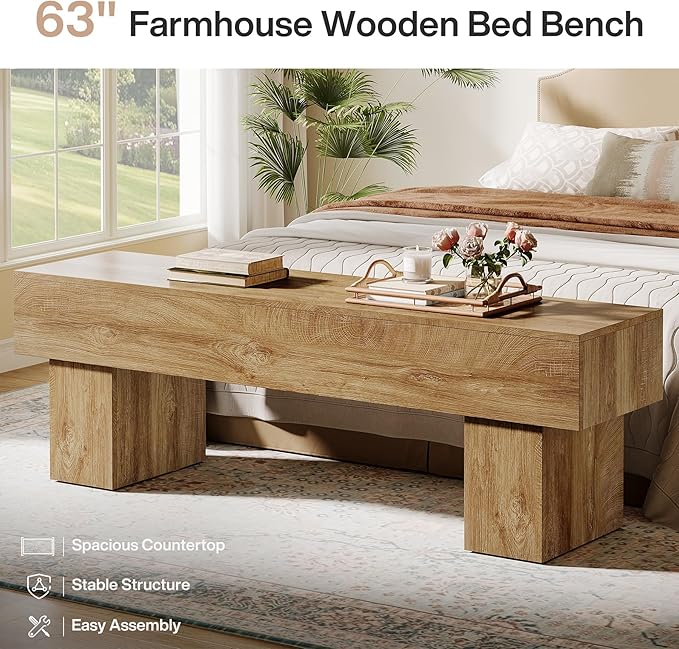 Tribesigns 63“ Extra Long Dining Bench, Farmhouse Wooden Entryway Bench, Indoor End of Bed Bench for Bedroom, Living Room, Dining Room, Hallway, Light Brown
