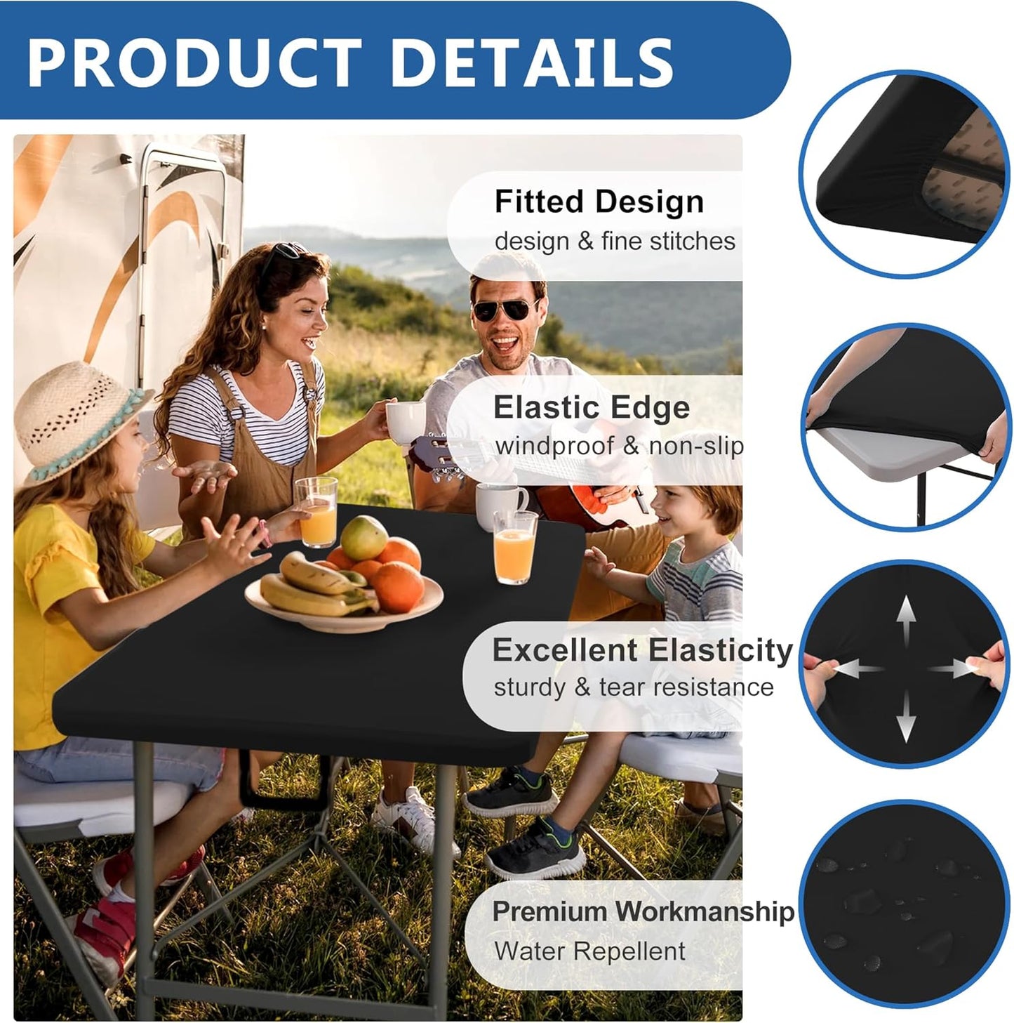 Fitted Tablecloth for 6 Foot Rectangle Tables-6 Pack Black Elastic Outdoor Picnic Table Cover-Spandex Stretch Folding Table Cloths 6 ft for Camping Dining Room Patio Kitchen Banquet Party
