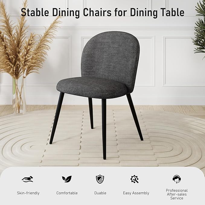 Upholstered Dining Chairs Set of 4, Modern Kitchen Side Chair with Padded Seat Comfortable Chenille Fabric Study Black Matel Legs,Desk Chair with Back for Dining Rooms, Black