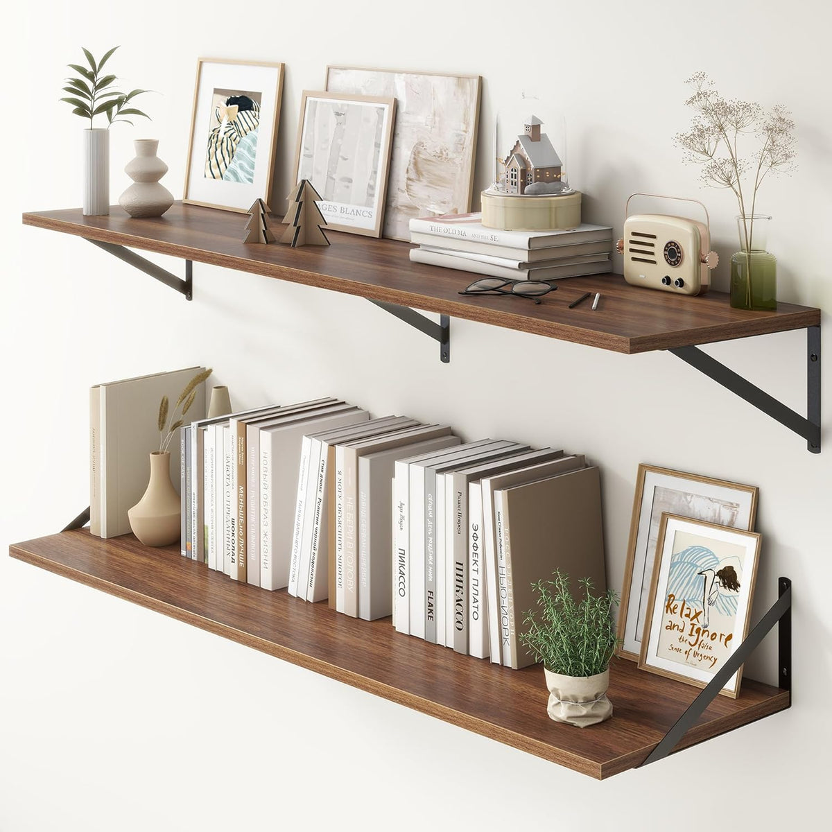 Fun Memories Deep Floating Shelves, 55W x 12D Floating Shelves for Wall, Wood Floating Shelf with Bracket, Wide Display & Storage Wall Shelves for Living Room, Bedroom, Walnut
