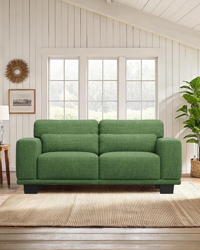 Marsail Modern 65 Inch Linen Fabric Sofa, 2-Seater Couch with Wide Armrests, Deep Cushions & Removable Washable Covers, Comfortable Living Room Furniture, Green