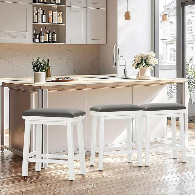 ALPHA HOME 24 Inch Counter Height Bar Stools Set of 2, Modern Design, Upgraded Faux Leather Upholstery, Sturdy Wood Legs - Ideal for Kitchen Islands, Black