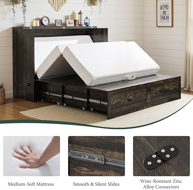 Queen Murphy Bed with 6" White Tri-Fold Memory Foam Mattress, Storage Drawer & Charging Station, Space-Saving Design for Home Office or Guest Room, Black Oak