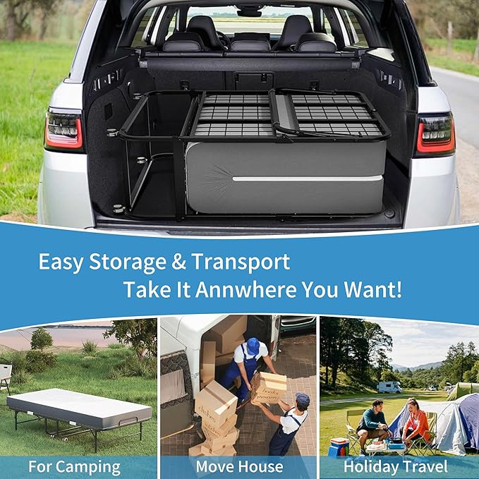 Folding Bed with Mattress for Adults, 75" x 38" Foldable Bed, Twin Size Metal Bed Frame with Wheels, Portable Rollaway Bed for Guest, Travel