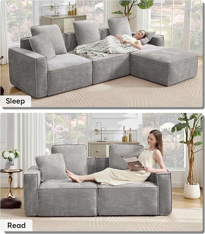 WILLOVE Modular Sectional Sofa Set, Chenille Cloud Couch with Wide Armrests & 8 Pillows, Deep Seat Couches for Living Room, 6-Seater Grey