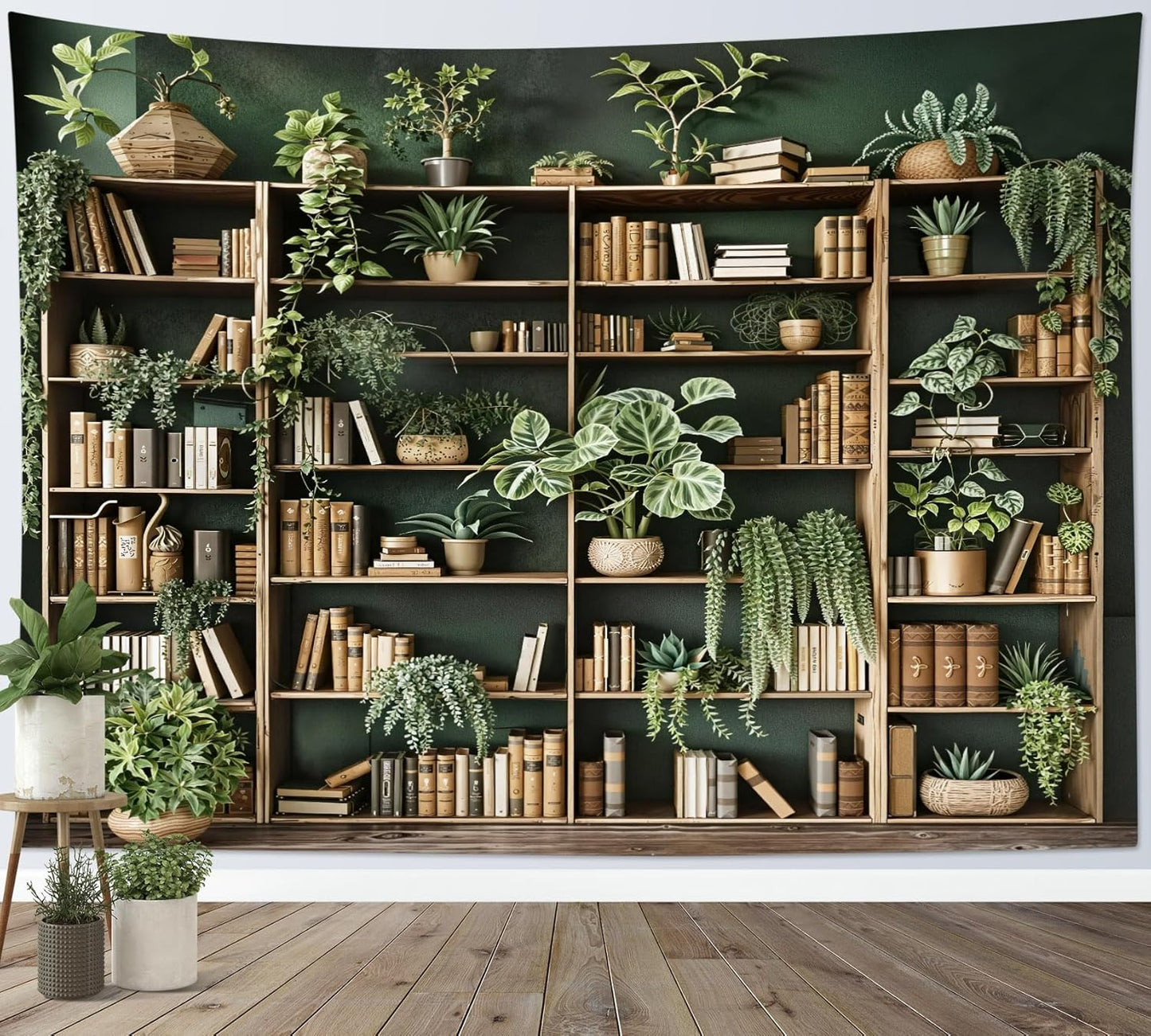 HVEST Green Plant Bookshelf Tapestry Book on Bookshelf and Plant Potted Tapestry Wall Hanging Reading Wall Decor for Study Room Bedroom Living Room College Dorm, 60L x 80W Inches