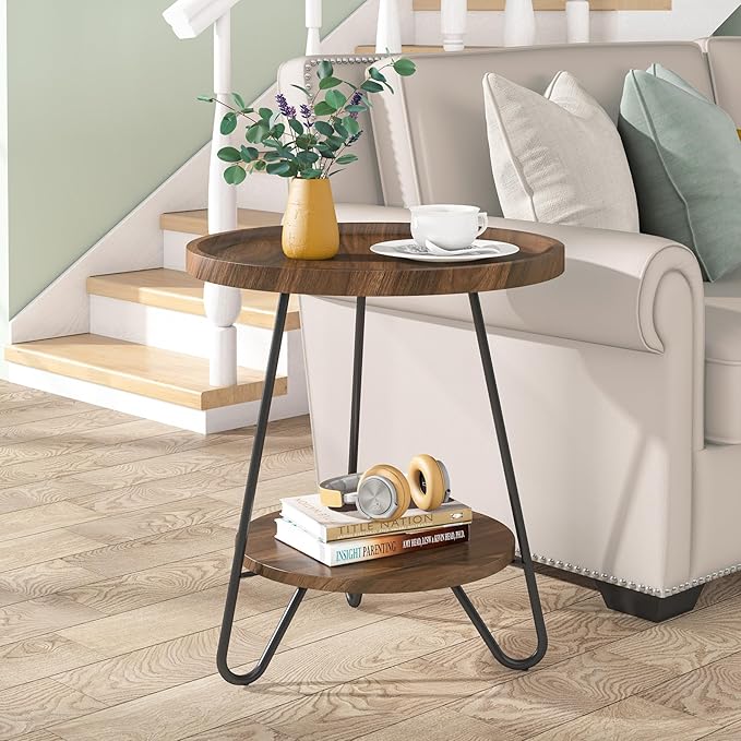 Tribesigns Set of 2 Round Side Table, 2-Tier End Table with Metal Legs, Modern Industrial Beside Table, Small Accent Table Snack Table for Living Room, Bedroom, Small Space, Brown