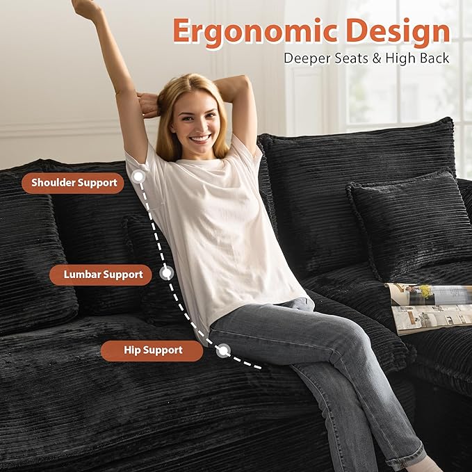 113 in Oversized Cloud Sofa with L Shape Chaise, Sectional Couches for Living Room, Assembly Free Modular Comfy Corduroy Sofa with Right Facing Chaise Longue for Home Apartment (Right Chaise, Black)