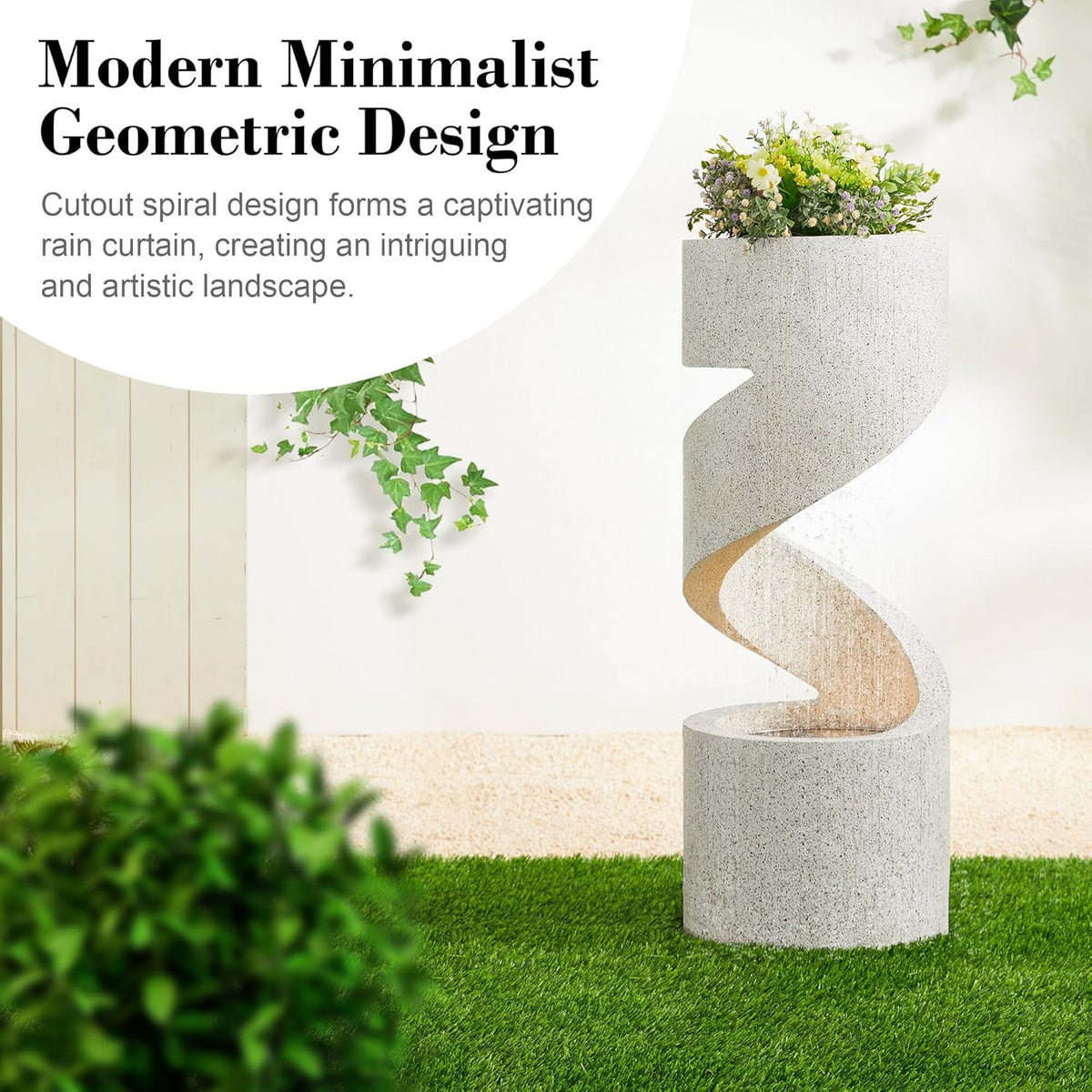 Glitzhome Decorative Tiered Outdoor Water Fountain with LED Light, Curved Waterfall Fountain with Stone Planter, Faux Terrazzo Spiral Shaped Fountains for Garden Deck Patio Porch, 31.25”H