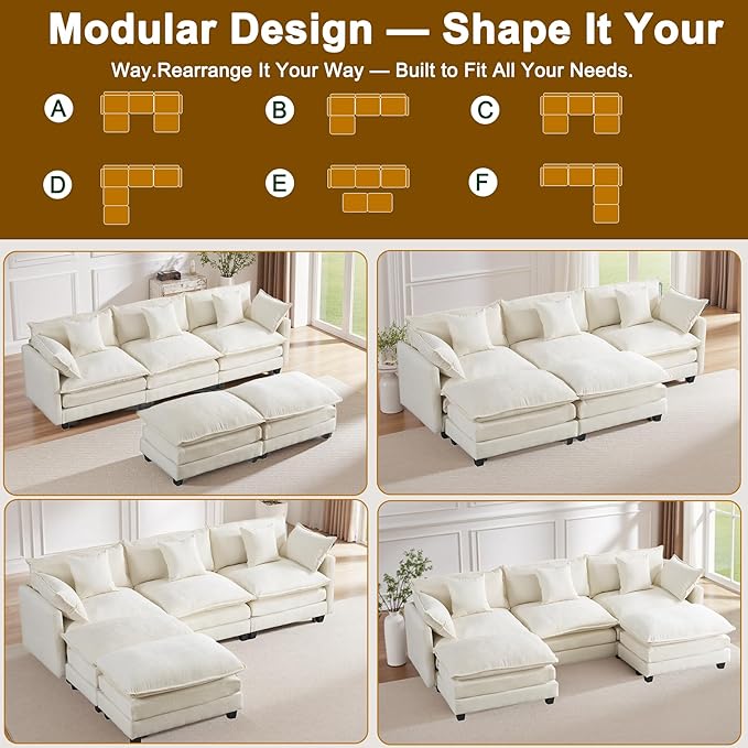 Expandable Modular Sectional Sofa with Ottoman, 111.4" Cloud Chenille U-Shape Couch, Reversible Chaise & 2nd Ottoman for Large Spaces, Deep Seat, Solid Wood Frame