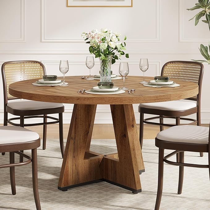 Tribesigns Round Dining Table for 4, 47 inch Farmhouse Circle Kitchen Table with Wooden Pedestal Base for Kitchen, Dining Room, Living Room (Wood)