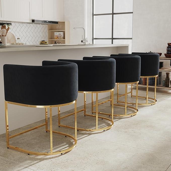 Contemporary Black Velvet Bar Stools Set of 4, 24" Upholstered Fabric Counter Height Barstools Kitchen Counter Island Stools with Screwed Together Golden Metal Base
