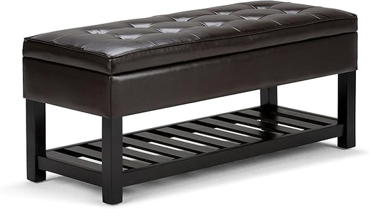 SIMPLIHOME Cosmopolitan Storage Ottoman Bench - 44 inch Wide Upholstered Vegan Leather Rectangle Storage Ottoman in Tanners Brown, Transitional Bench for Bedroom with Tufted Lift-Top and Open Shelf