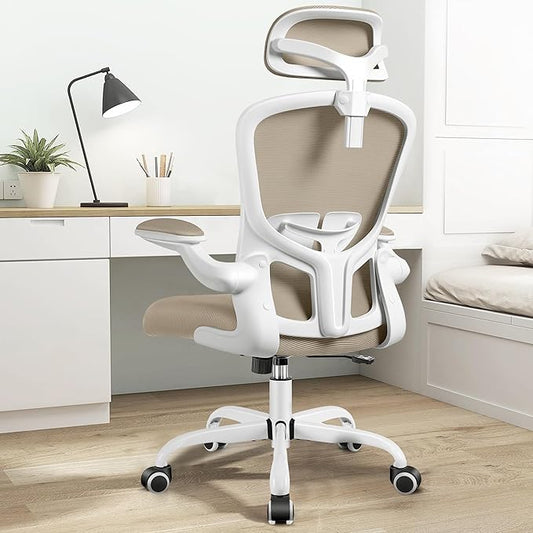 FelixKing Ergonomic Office Desk Chair with Headrest, Wheels, Adjustable Lumbar Support and Height, Swivel Comfy Task Chair with Flip-up Armrests, Ergo Mesh Backrest for Working (Khaki)
