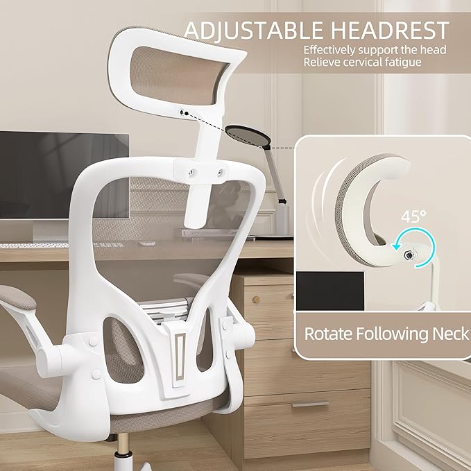 Monhey Office Chair Ergonomic Desk Chair with Lumbar Support&Headrest&Flip-up Arms Height Adjustable Rocking Swivel High Back Computer Chair Warm Taupe Mesh Study Chair (04White+Khaki)