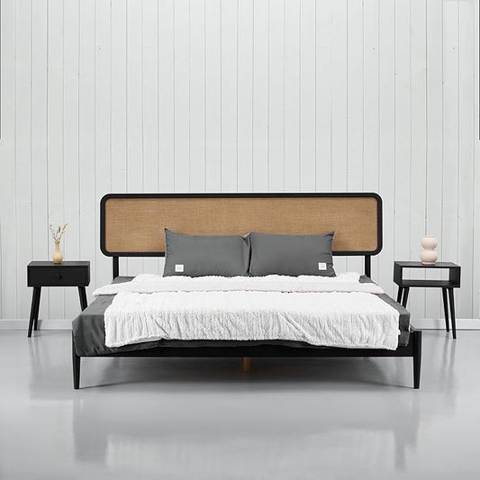 NTC Lupin Wooden Bed Frame with Headboard, Solid Oak and Rubber Wood Foundation with Silent Slats and Wood Central Supports, 1000 Lb Capacity, Effortless Assembly, Queen - Burnt Black