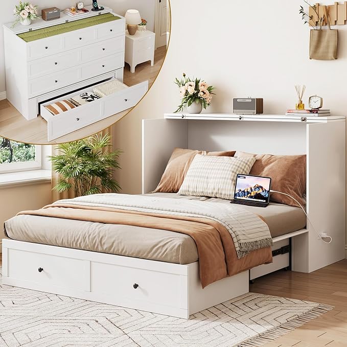 Full Size Murphy Bed with Charging Station & Drawer, Full Size Mobile Cabinet Bed Frame, Murphy Chest Bed for Bedroom, Guest Room