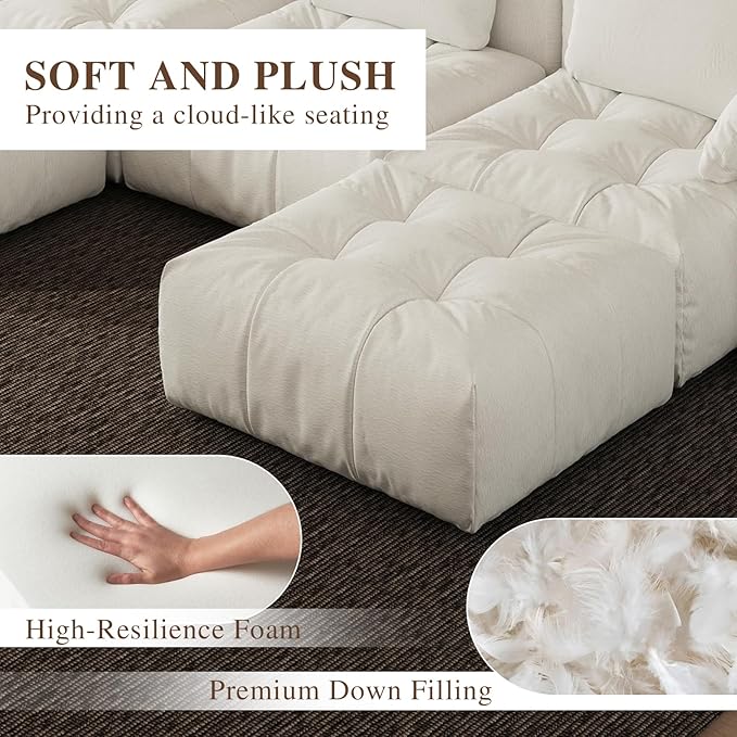 Cloud Sectional Couches, Comfort Linen U-Shape Modular Sofas with Wide Deep Seat, Down Filled Modern Upholstered Sofa Couch for Living Room, Apartment,Cream White