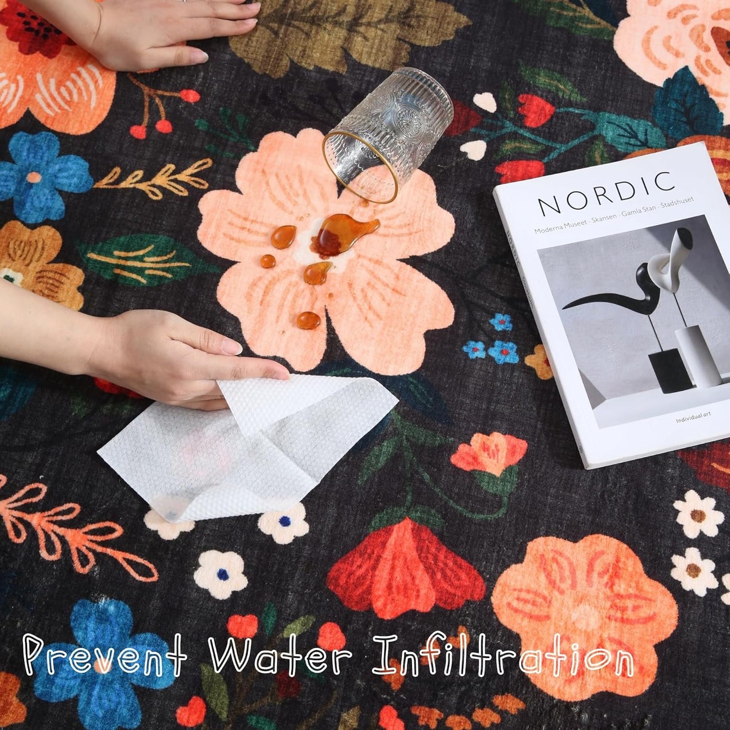 Area Rugs 9x12 Living Room Clearance Washable Boho Rug Non Slip Floral Vintage Low Pile Large Rug for Living Room, Bedroom, Farmhouse, Dining Room, Kids Playroom(Black)