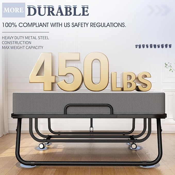 INTERGREAT Folding Bed, 75" x 31"Cot Size Portable Folding Beds for Adults, Metal Foldable Bed on Wheels for Guest, Space Saving Roll Away Beds for Easy Storage