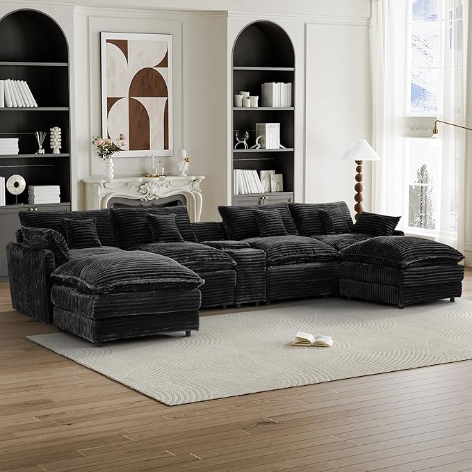 HYJT-H&K 145" U Shaped Cloud Couch Modular Dark Black Sectional Couches for Living Room, Comfy Fluffy Corduroy Oversized Cloud Sectional Couch Large 6 Seat Sectionals Sofa Set Central Console USB Port