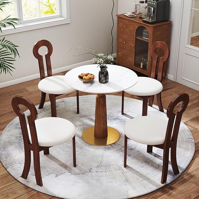 Sintered Stone Office Table and Chair Set - 33.5" Round Table for Small Offices (Light Brown Leg and White Top, 1 Table and 4 Chairs)