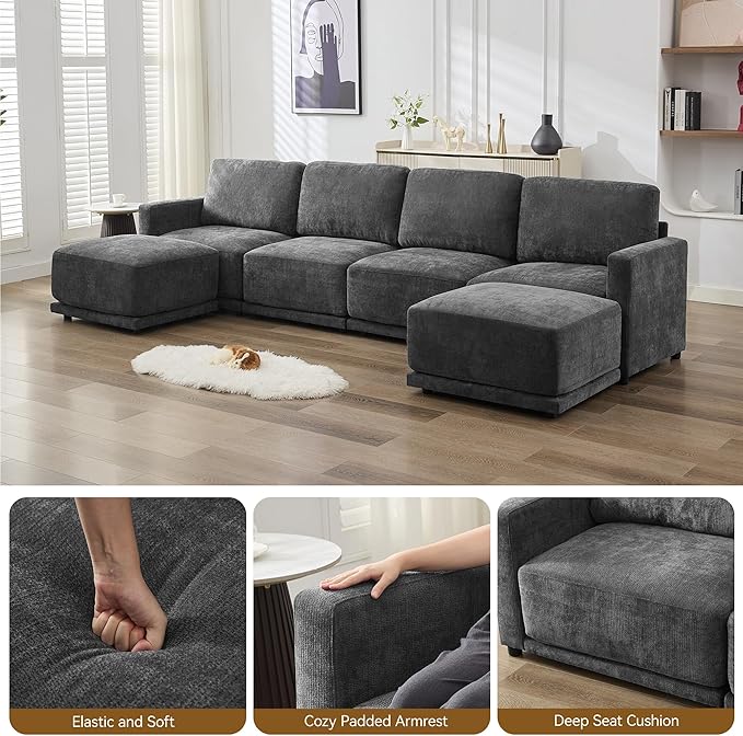 143.8" Modular Sectional Sofa Modern Chenille U-Shaped Couch with Thickened Seat Cushions, Easy Assembly, Upholstered 6 Seater Couch with 2 Movable Ottomans for Living Room, Grey