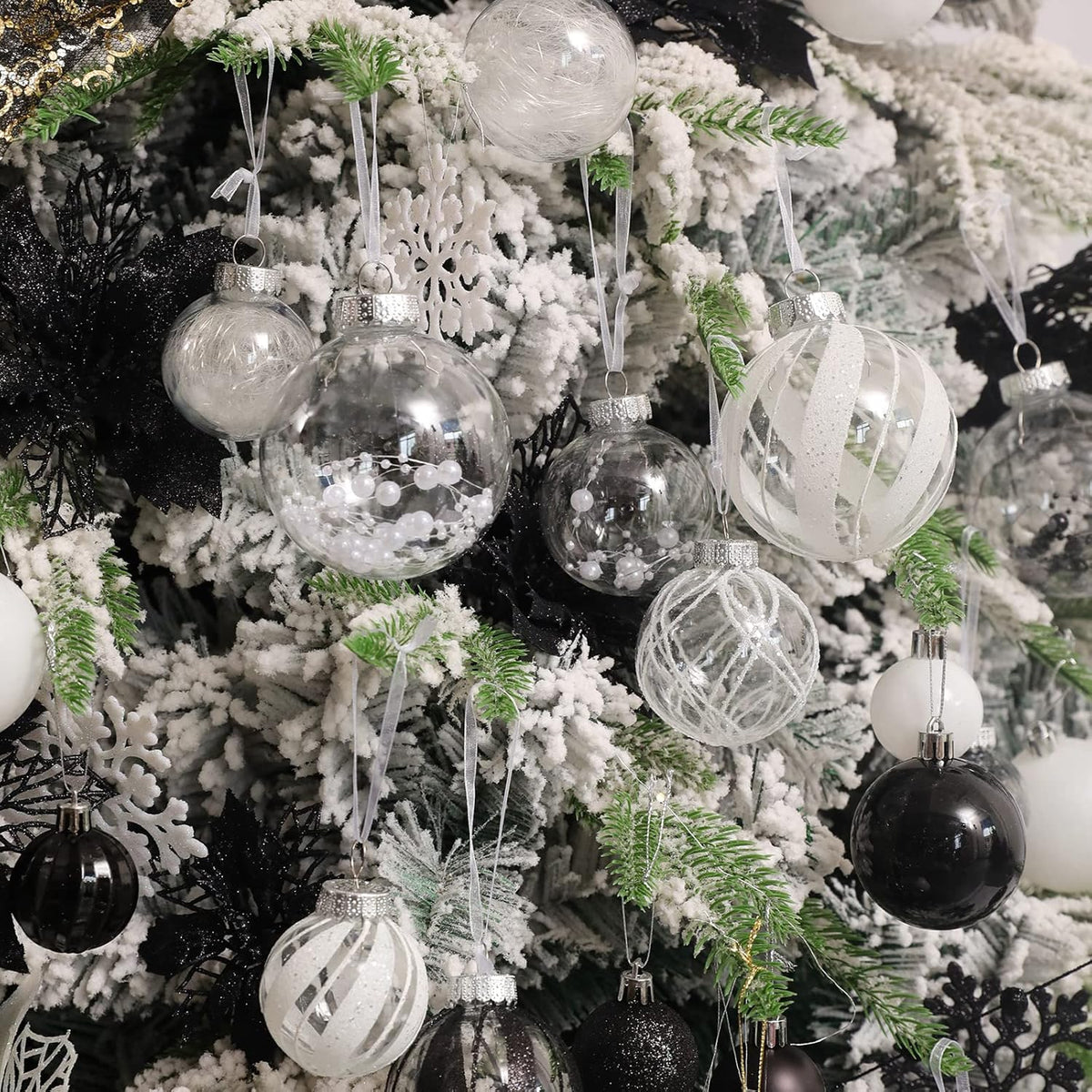 Clear Christmas Ball Ornaments,24ct Shatterproof Plastic Decorative Christmas Ornaments Hanging Xmas Tree Baubles Set with Stuffed Delicate Glittering Decorations for Holiday Party Home Decor(White)